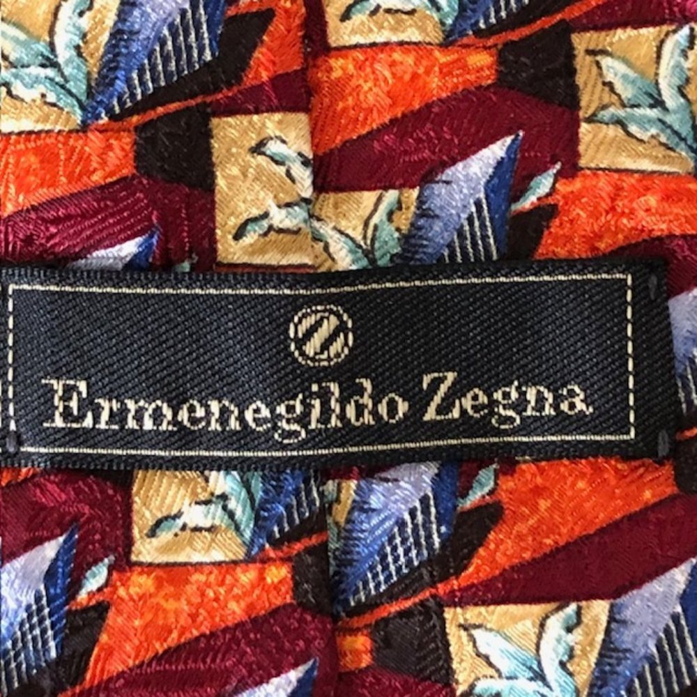 ERMENEGILDO ZEGNA Silk Leaf Geo Block Orange Blue Red Tie - Picture 7 of 15